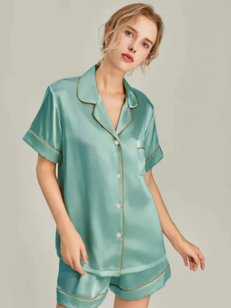 Summer Thin Cardigan Faux Stain Pajama Set Short Sleeved Shorts Two-piece Set Sweet Homewear Soft Pajamas for Women Sleepwear