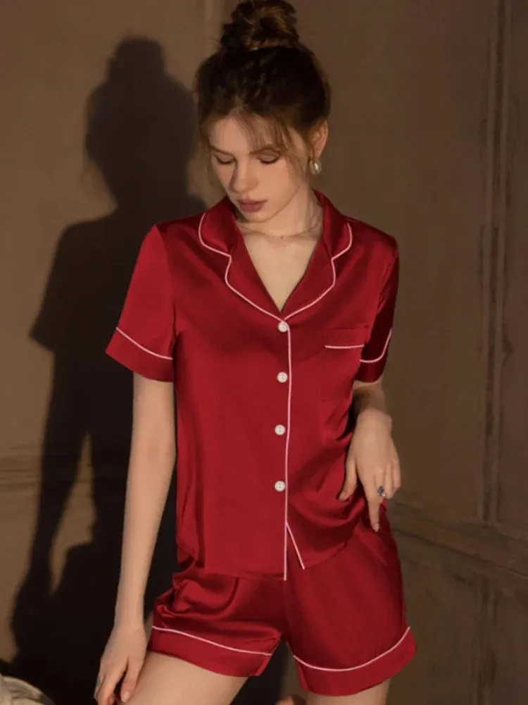 Summer Thin Cardigan Faux Stain Pajama Set Short Sleeved Shorts Two-piece Set Sweet Homewear Soft Pajamas for Women Sleepwear