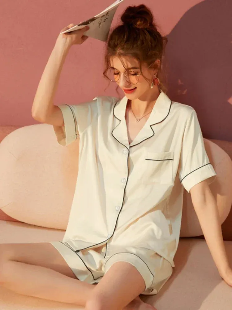 Summer Thin Cardigan Faux Stain Pajama Set Short Sleeved Shorts Two-piece Set Sweet Homewear Soft Pajamas for Women Sleepwear