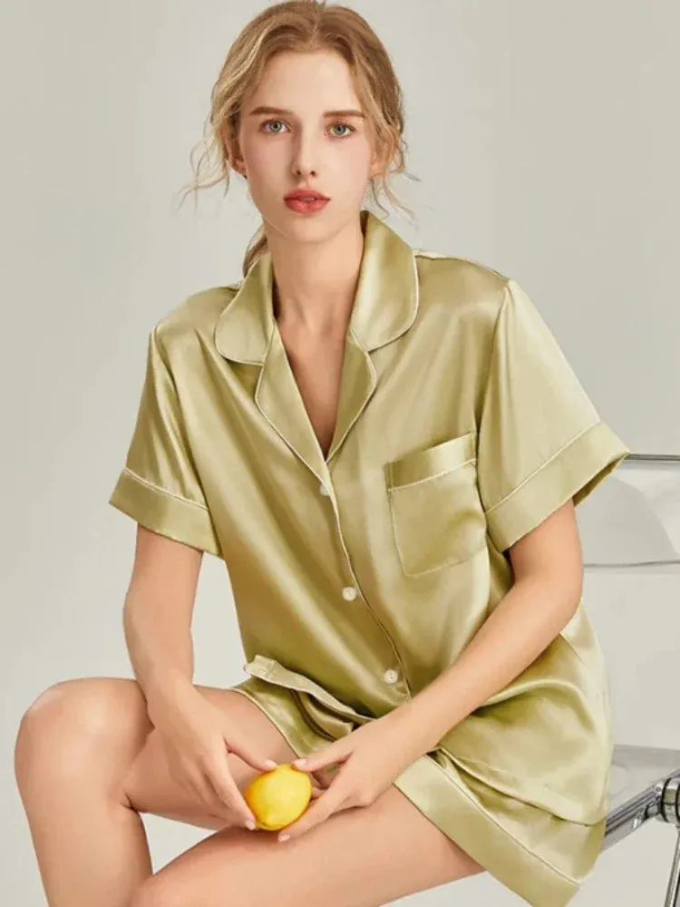 Summer Thin Cardigan Faux Stain Pajama Set Short Sleeved Shorts Two-piece Set Sweet Homewear Soft Pajamas for Women Sleepwear