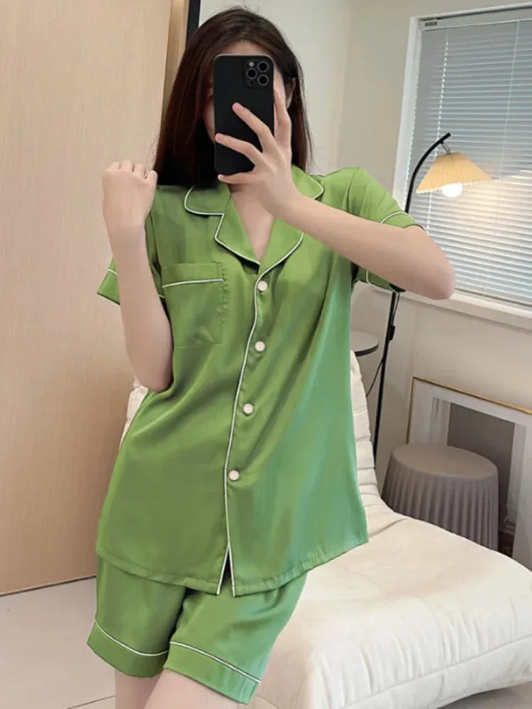 Summer Thin Cardigan Faux Stain Pajama Set Short Sleeved Shorts Two-piece Set Sweet Homewear Soft Pajamas for Women Sleepwear