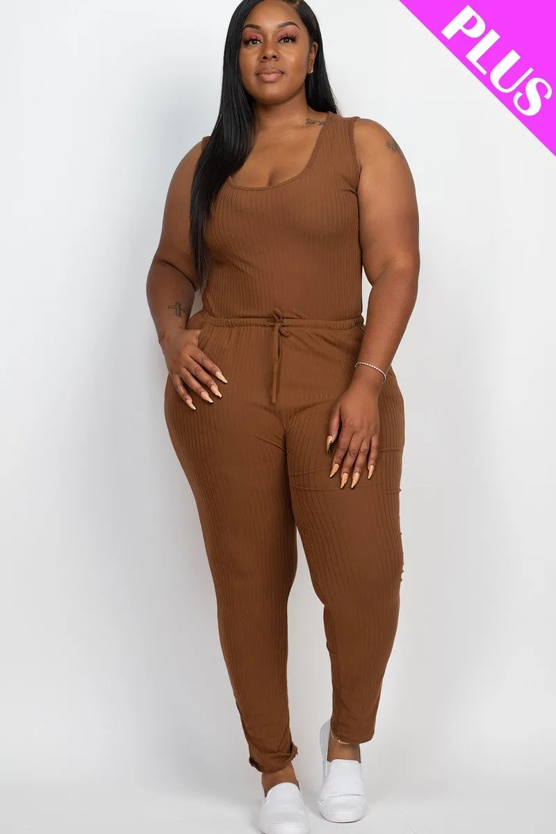 Thick Madam Ribbed Sleeveless Drawstring Jumpsuit Voluptuous ( ) Size - 9 colors - Ships from The US