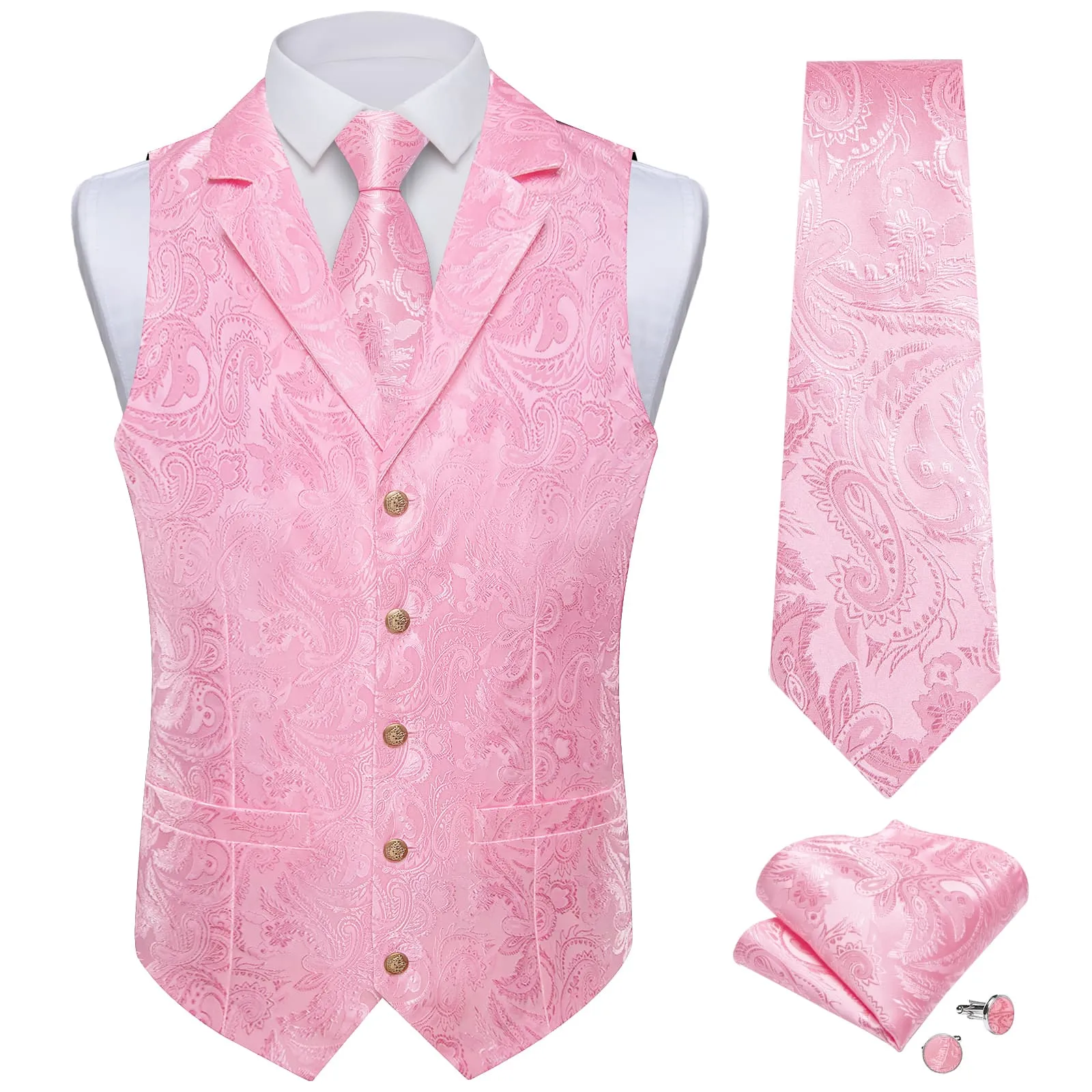 Ties2you Dress Vest Baby Pink Paisley Notched Collar Silk Mens Waistcoat Tie Set