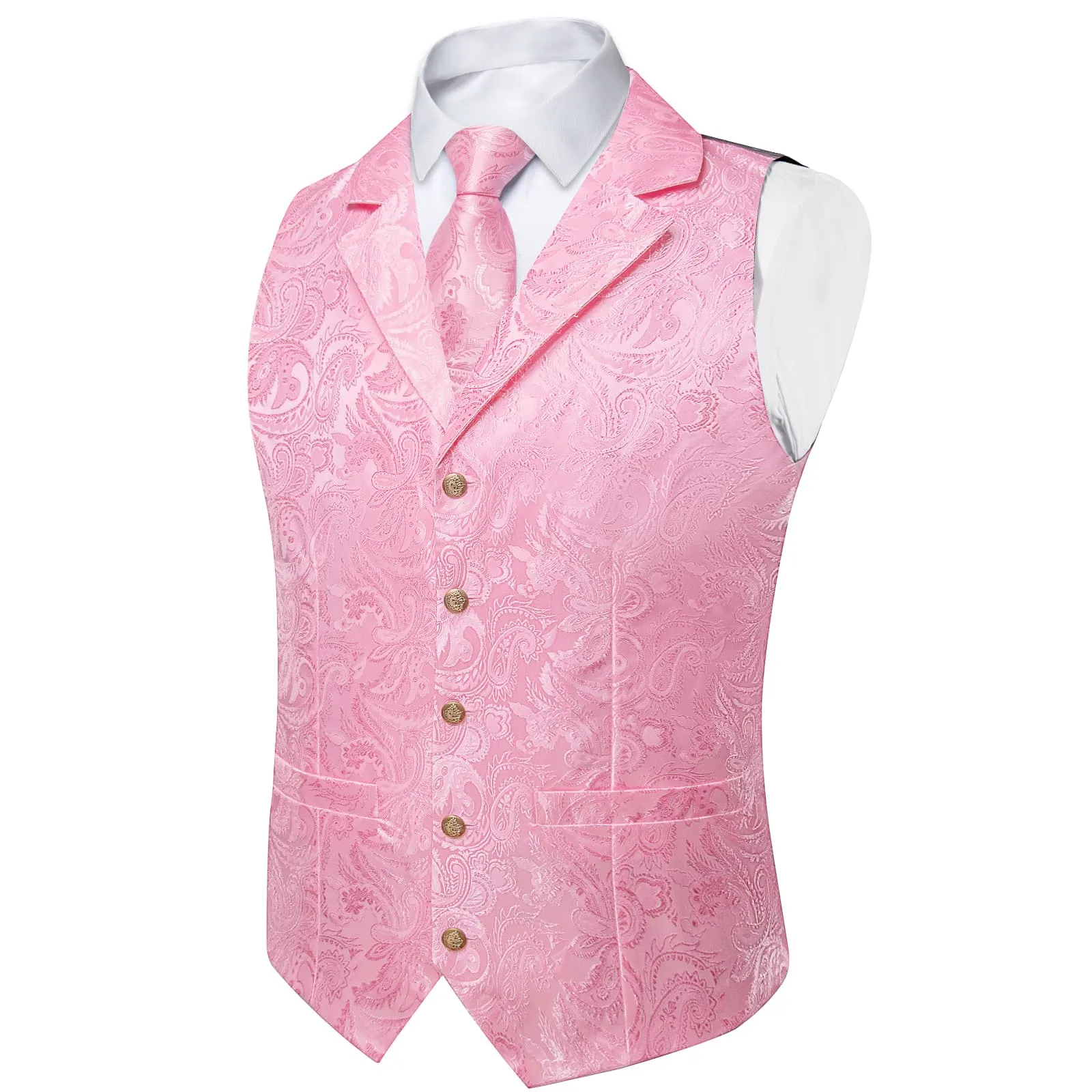 Ties2you Dress Vest Baby Pink Paisley Notched Collar Silk Mens Waistcoat Tie Set
