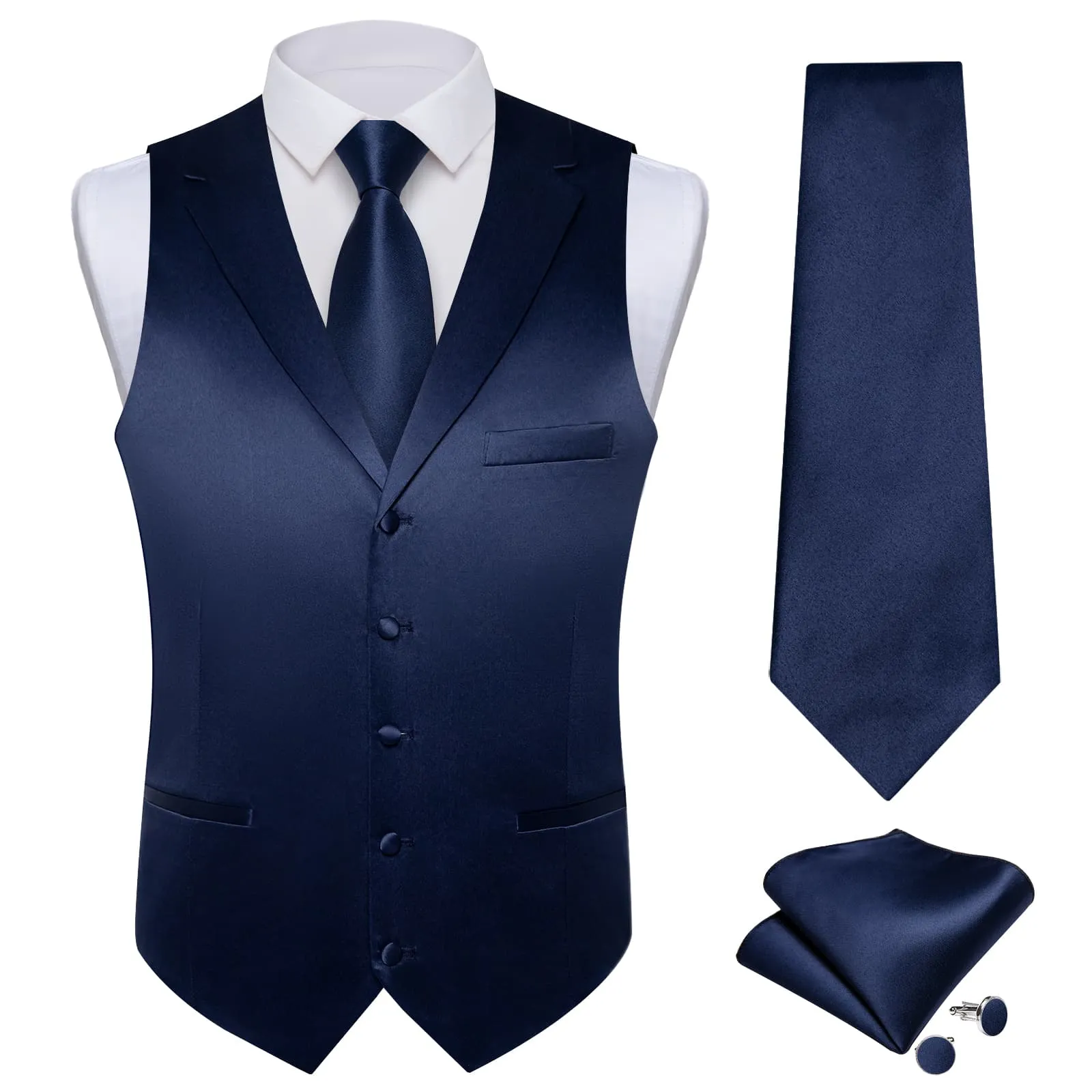 Ties2you Dress Vest Dark Midnight Blue Solid Notched Collar Silk Work Vest for Men