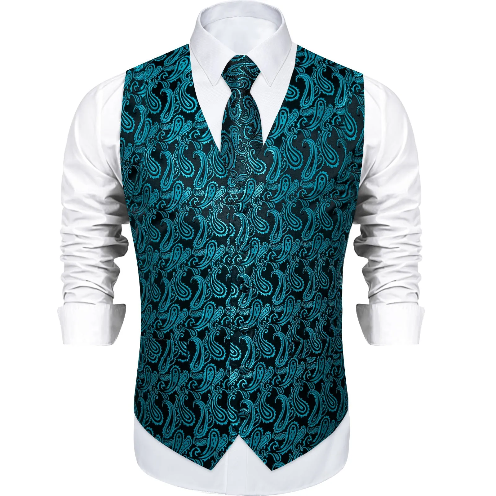 Ties2you Men's Vest Black Turquoise Paisley Jacquard Silk Vest Hanky Cufflinks Tie Set Waistcoat Suit Set