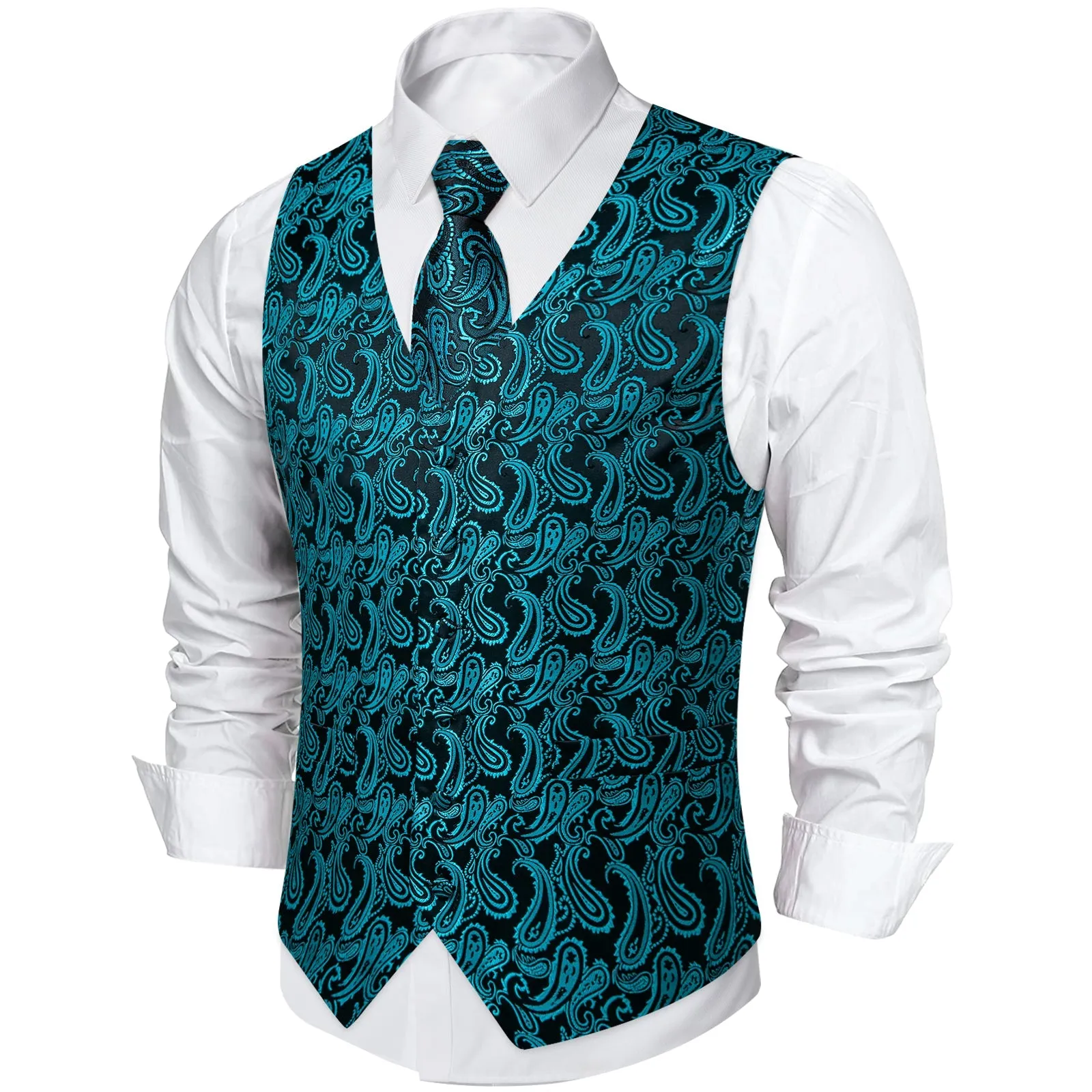 Ties2you Men's Vest Black Turquoise Paisley Jacquard Silk Vest Hanky Cufflinks Tie Set Waistcoat Suit Set