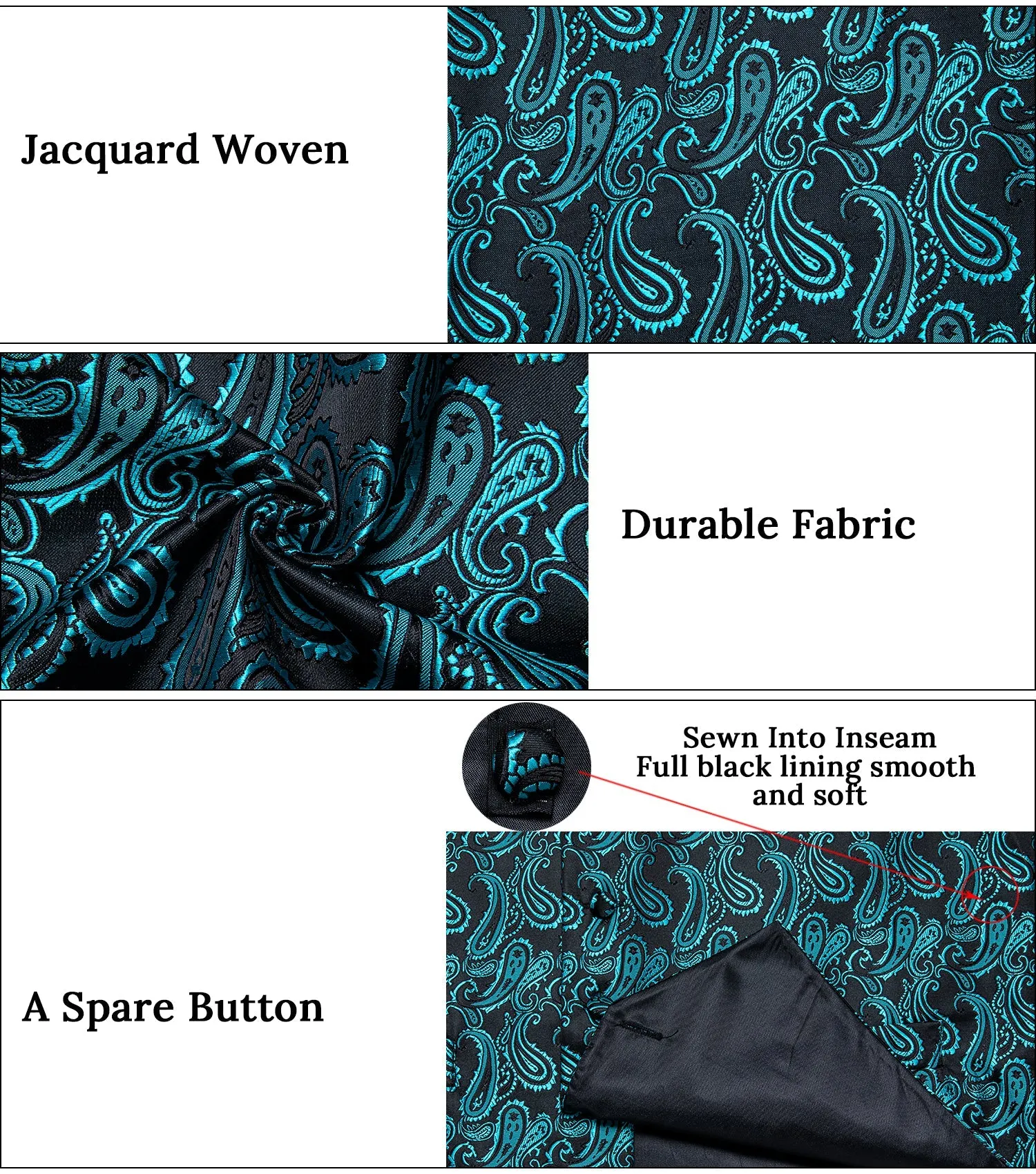 Ties2you Men's Vest Black Turquoise Paisley Jacquard Silk Vest Hanky Cufflinks Tie Set Waistcoat Suit Set