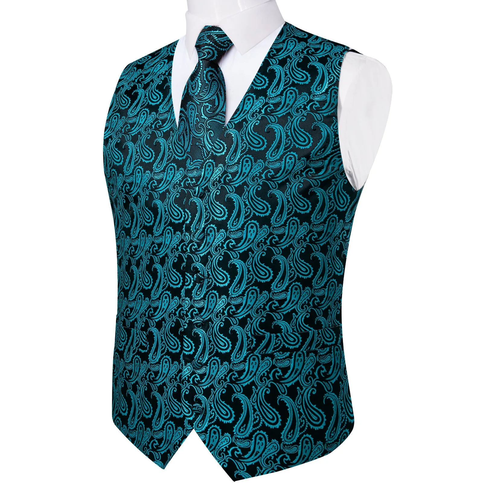 Ties2you Men's Vest Black Turquoise Paisley Jacquard Silk Vest Hanky Cufflinks Tie Set Waistcoat Suit Set