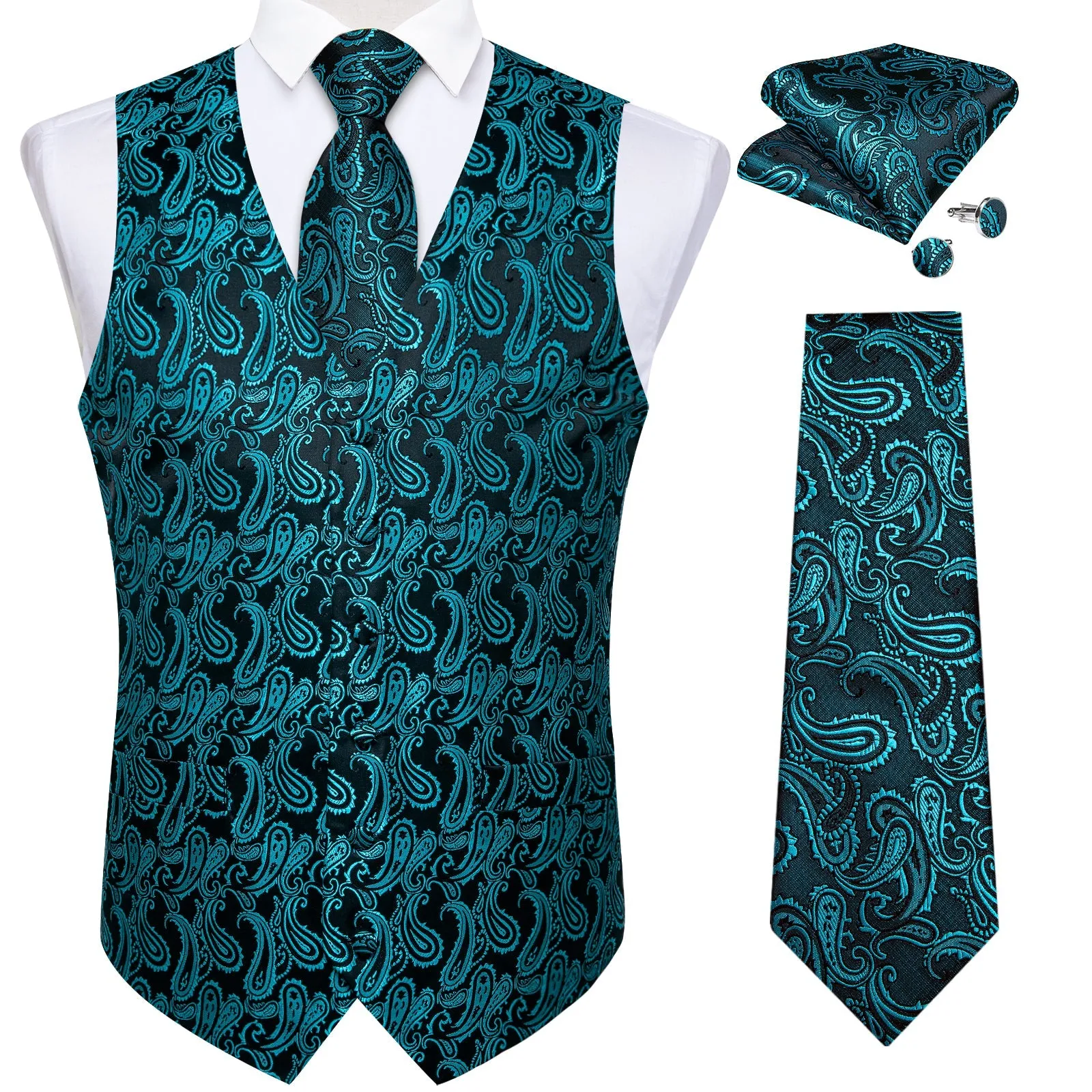 Ties2you Men's Vest Black Turquoise Paisley Jacquard Silk Vest Hanky Cufflinks Tie Set Waistcoat Suit Set