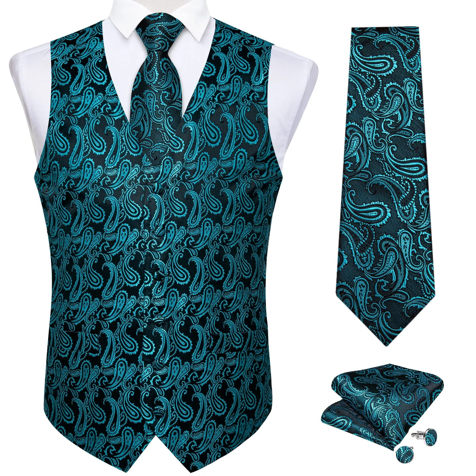 Ties2you Men's Vest Black Turquoise Paisley Jacquard Silk Vest Hanky Cufflinks Tie Set Waistcoat Suit Set