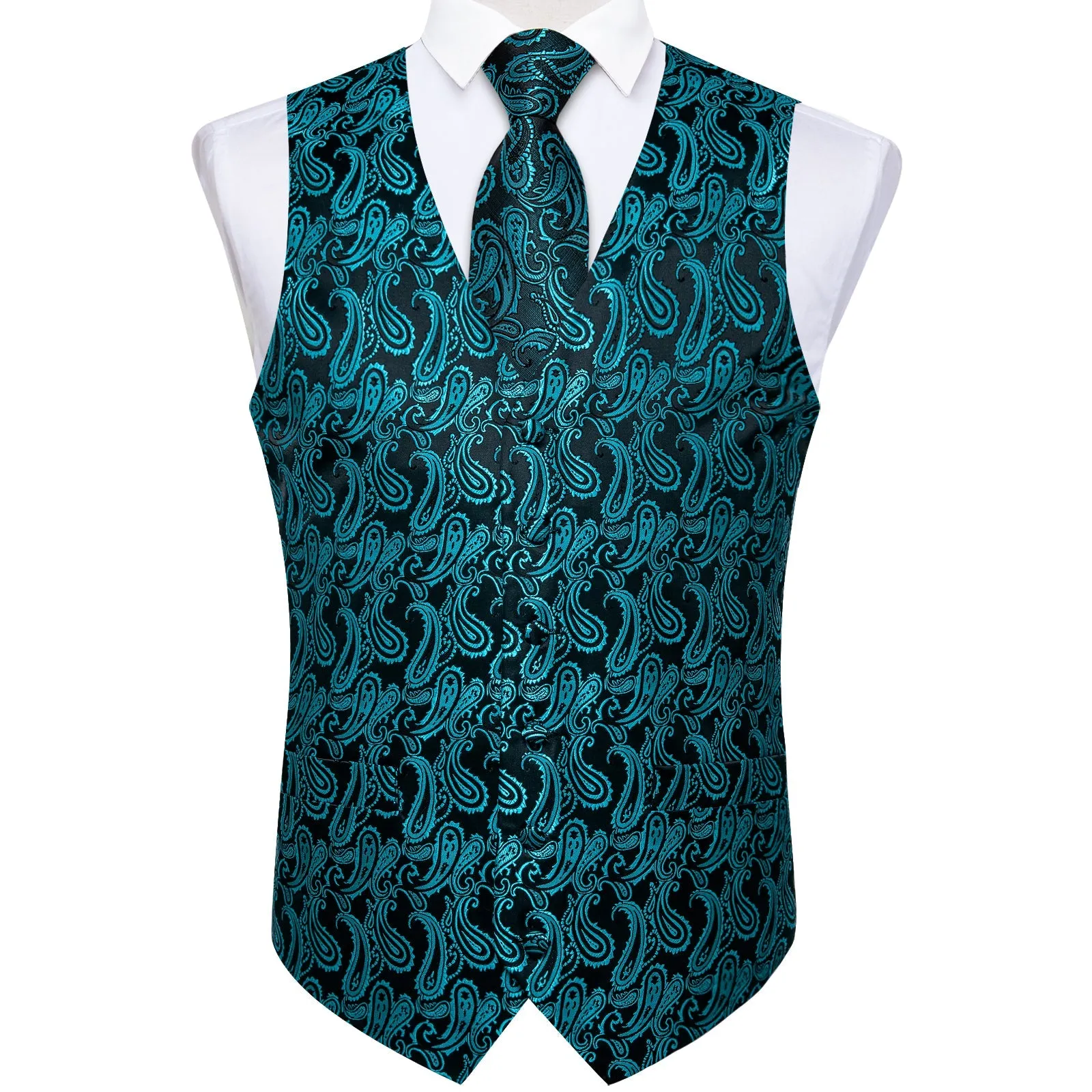 Ties2you Men's Vest Black Turquoise Paisley Jacquard Silk Vest Hanky Cufflinks Tie Set Waistcoat Suit Set
