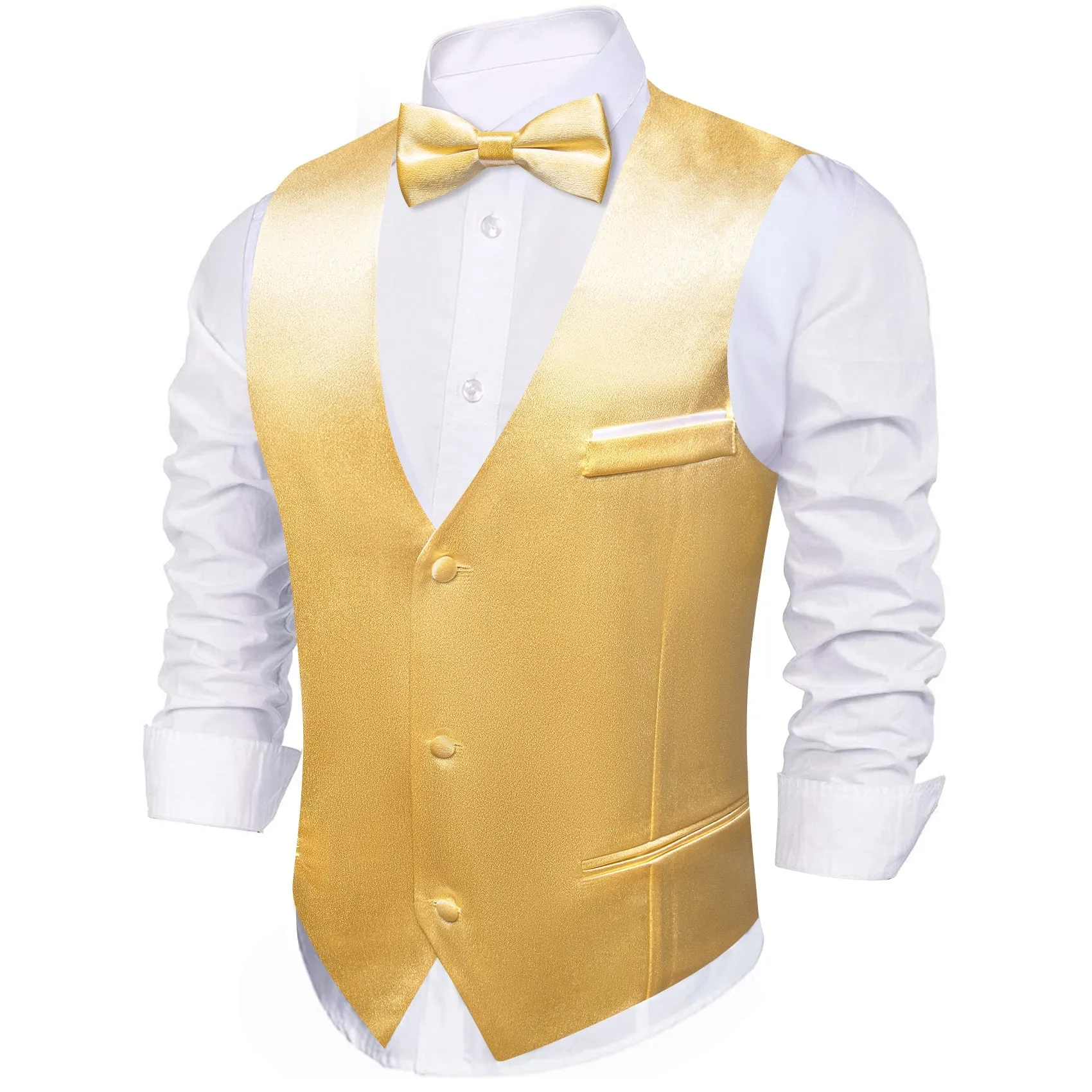 Ties2you Mens Vest Formal Gold Solid Jacquard Silk Men's Vest Bow Tie Set Waistcoat Suit Set