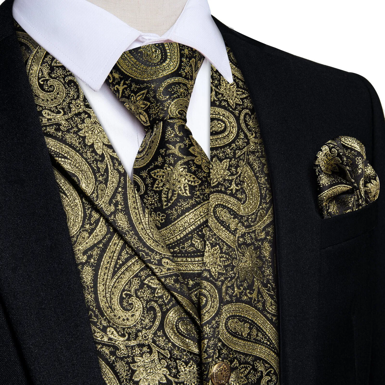 Ties2you Men's Vest Gold Jacquard Paisley Silk Suit Vest Tie Set Hot