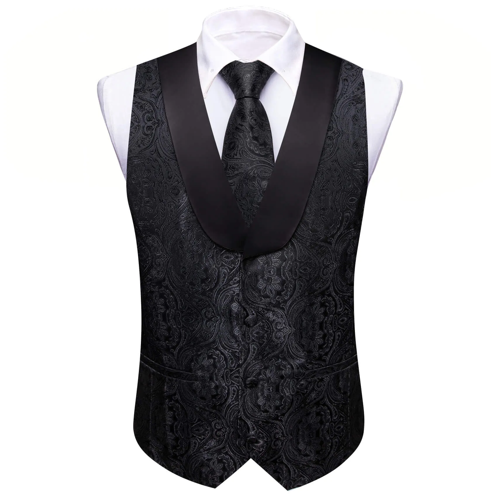 Ties2you Shawl Collar Vest Black Silk Paisley Men's Vest Tie Handkerchief Cufflinks Set
