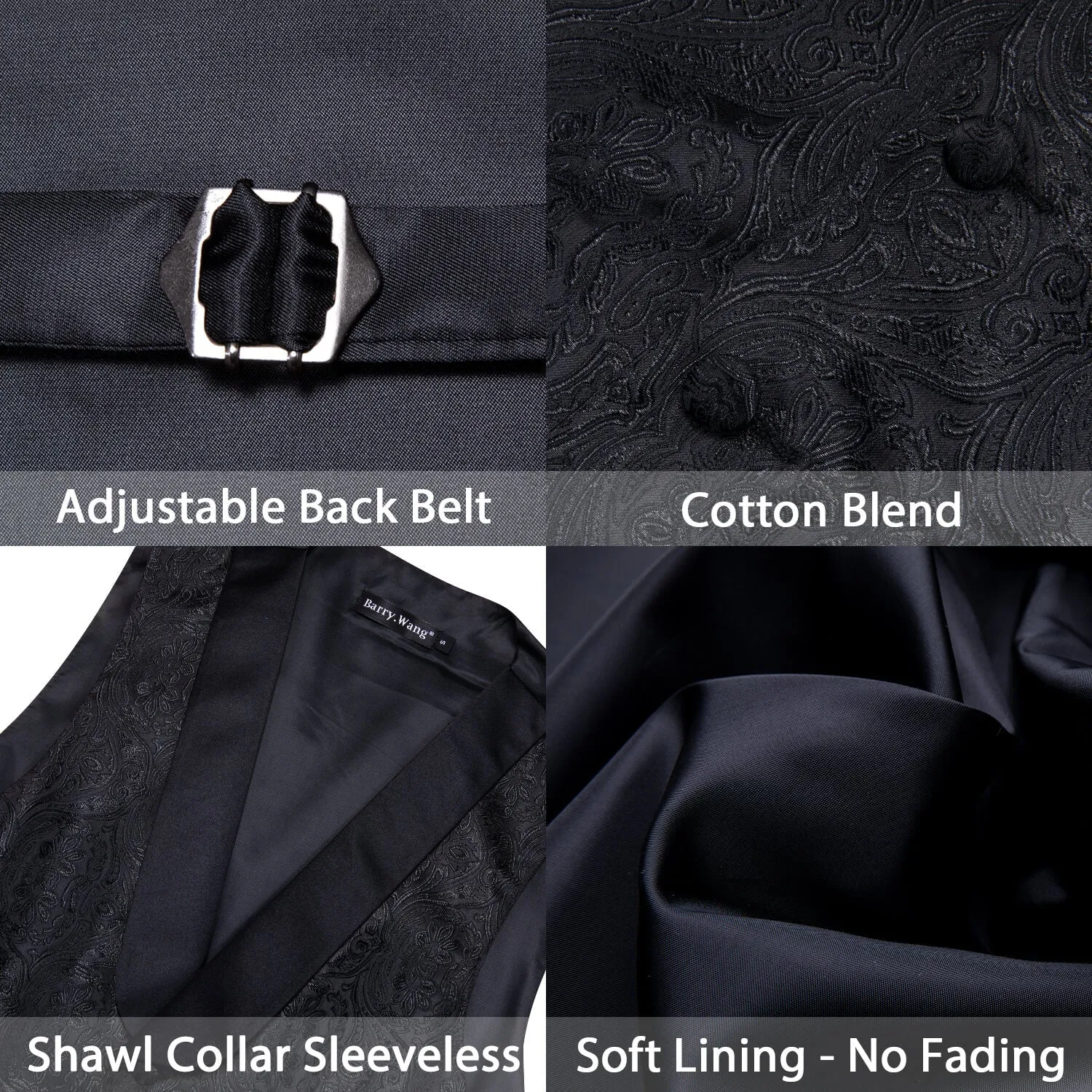 Ties2you Shawl Collar Vest Black Silk Paisley Men's Vest Tie Handkerchief Cufflinks Set