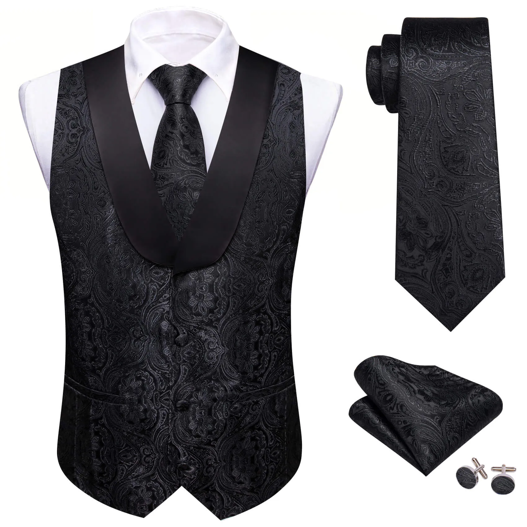 Ties2you Shawl Collar Vest Black Silk Paisley Men's Vest Tie Handkerchief Cufflinks Set