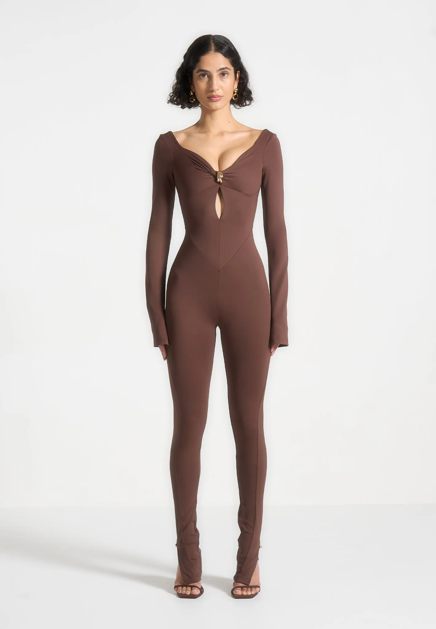 Twisted Bust Off Shoulder Jumpsuit - Brown