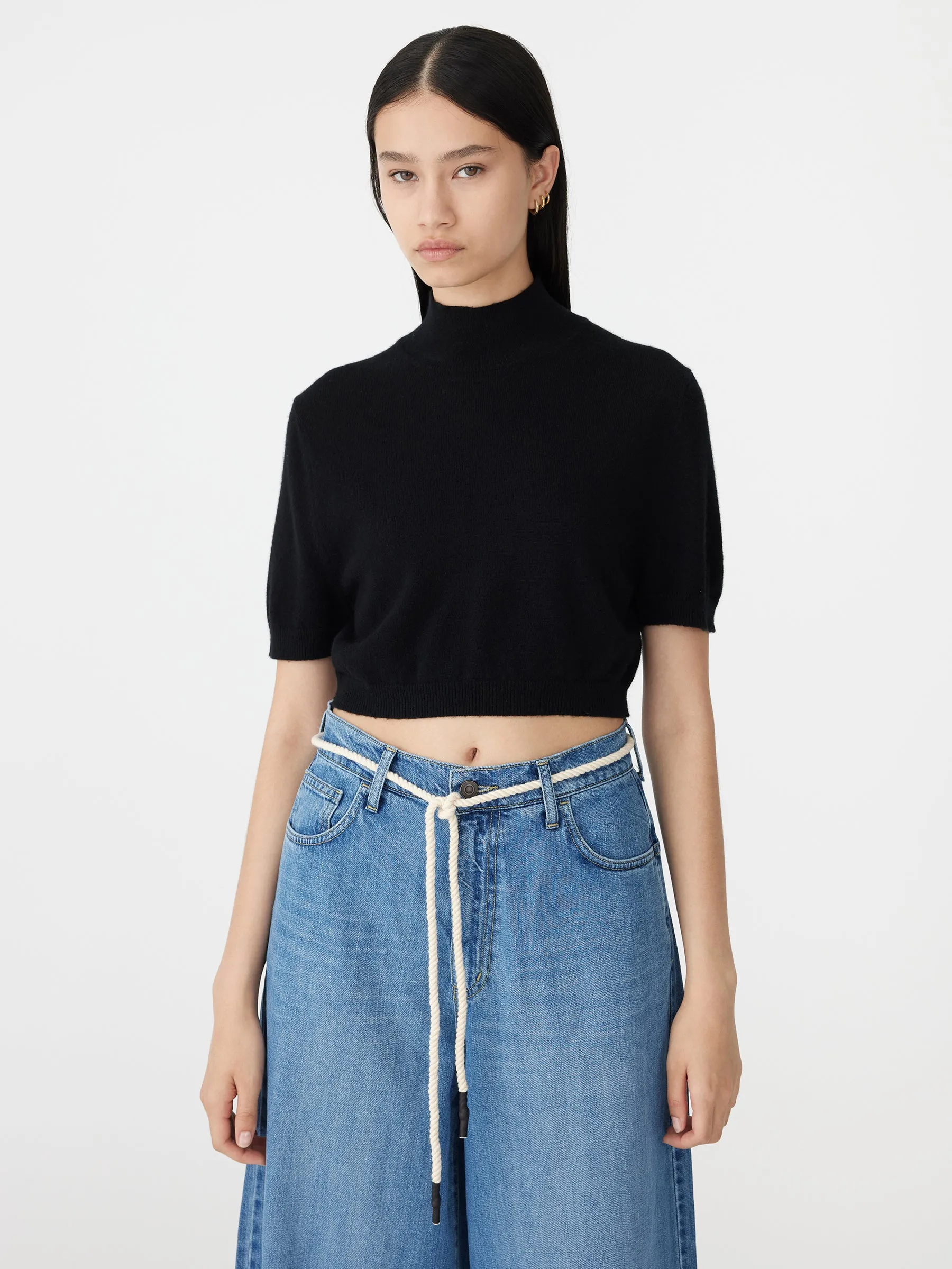wool cashmere funnel short sleeve knit