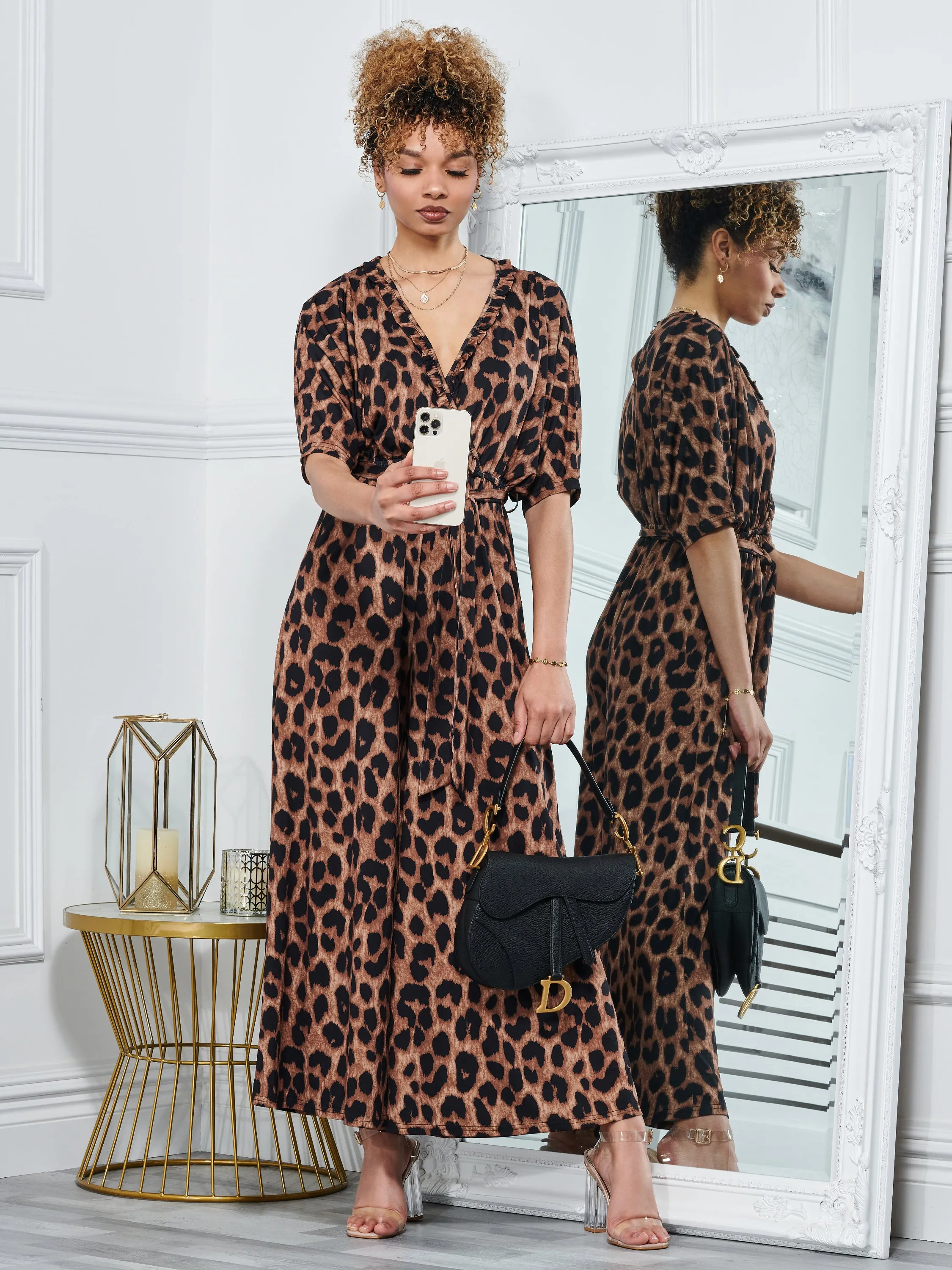 Wrap Front Batwing Jumpsuit, Brown Animal
