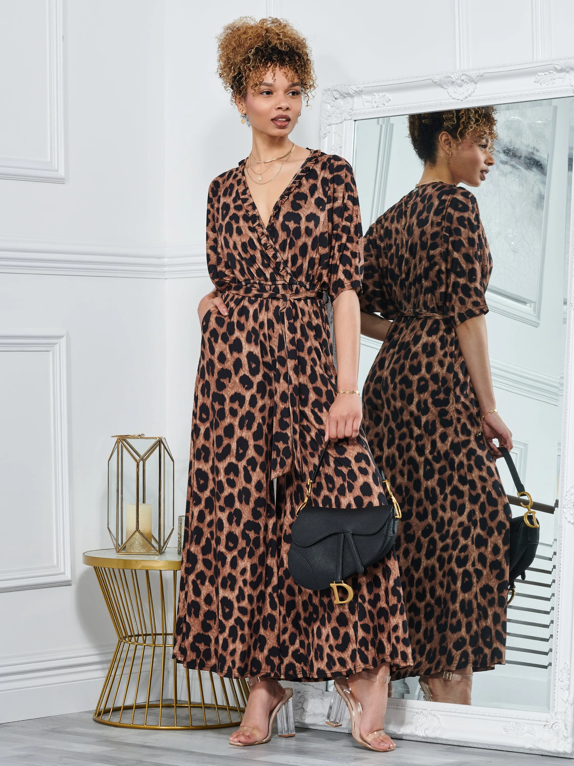 Wrap Front Batwing Jumpsuit, Brown Animal